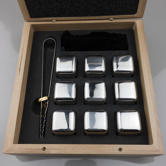 Whiskey Stones Kit Publicus Sapient 9 Steel Cubes Tongs Drawstring Bag & Box - Picture 2 of 5